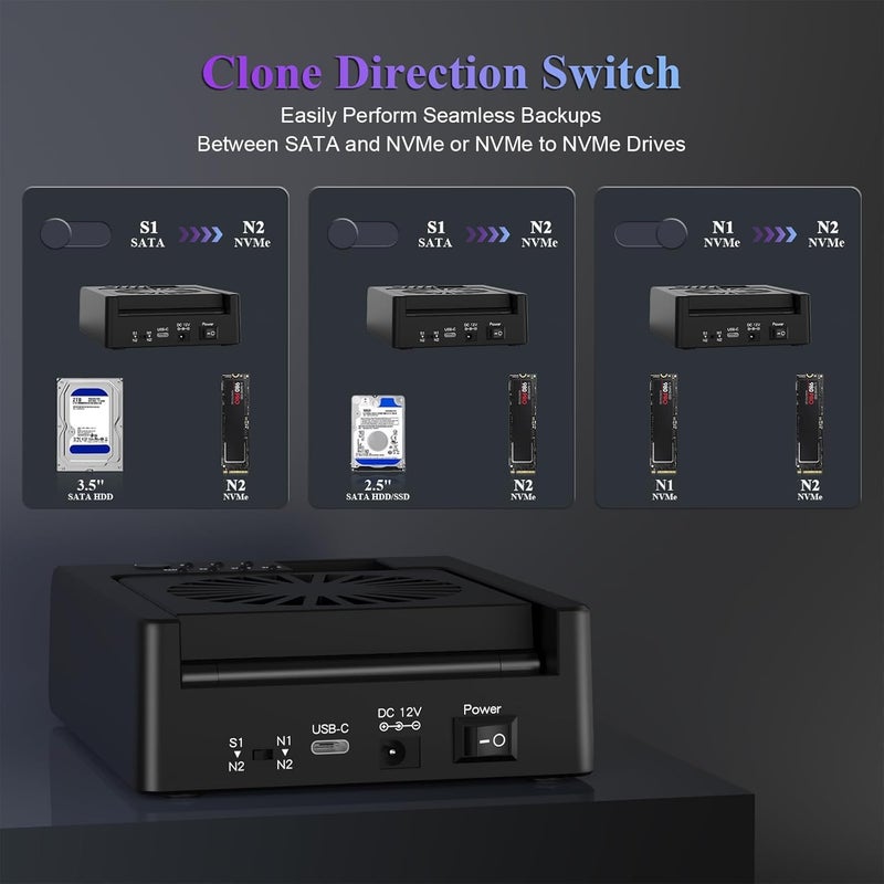 xiaobi M.2 NVMe & SATA Hard Drive Docking Station, USB C 10Gbps Hard Drive cloner for M.2 PCIe NVMe + SATA 2.5”/3.5” HDD Converter, Offline Cloning, Tool-Free, Cooling Fan - Image 3